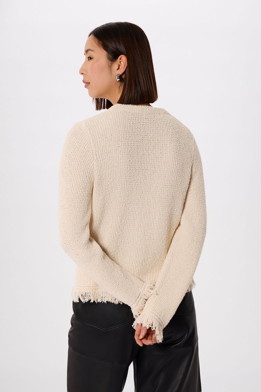 Ivory Cotton Boucle Fringe Cardigan