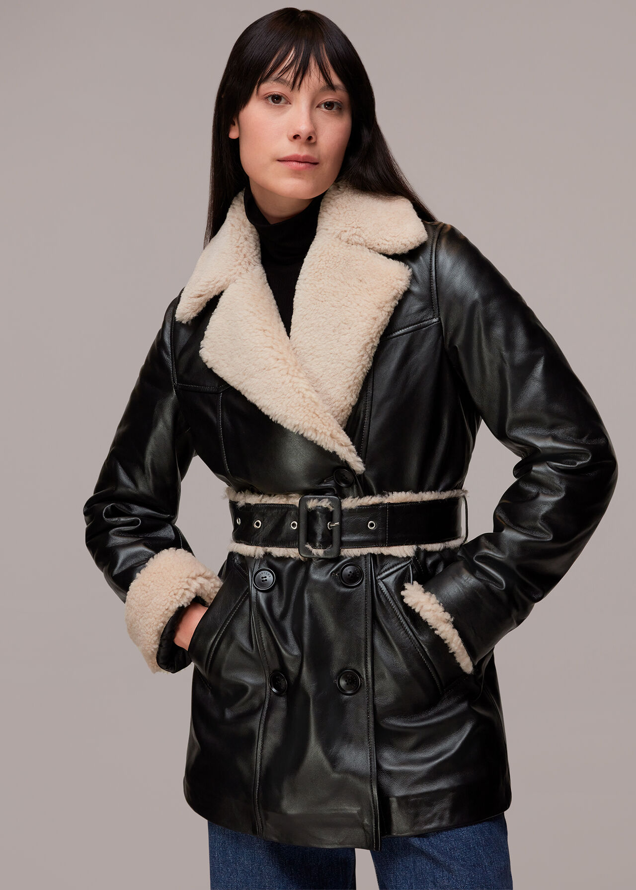 Black/Multi Maya Leather Belted Coat | WHISTLES