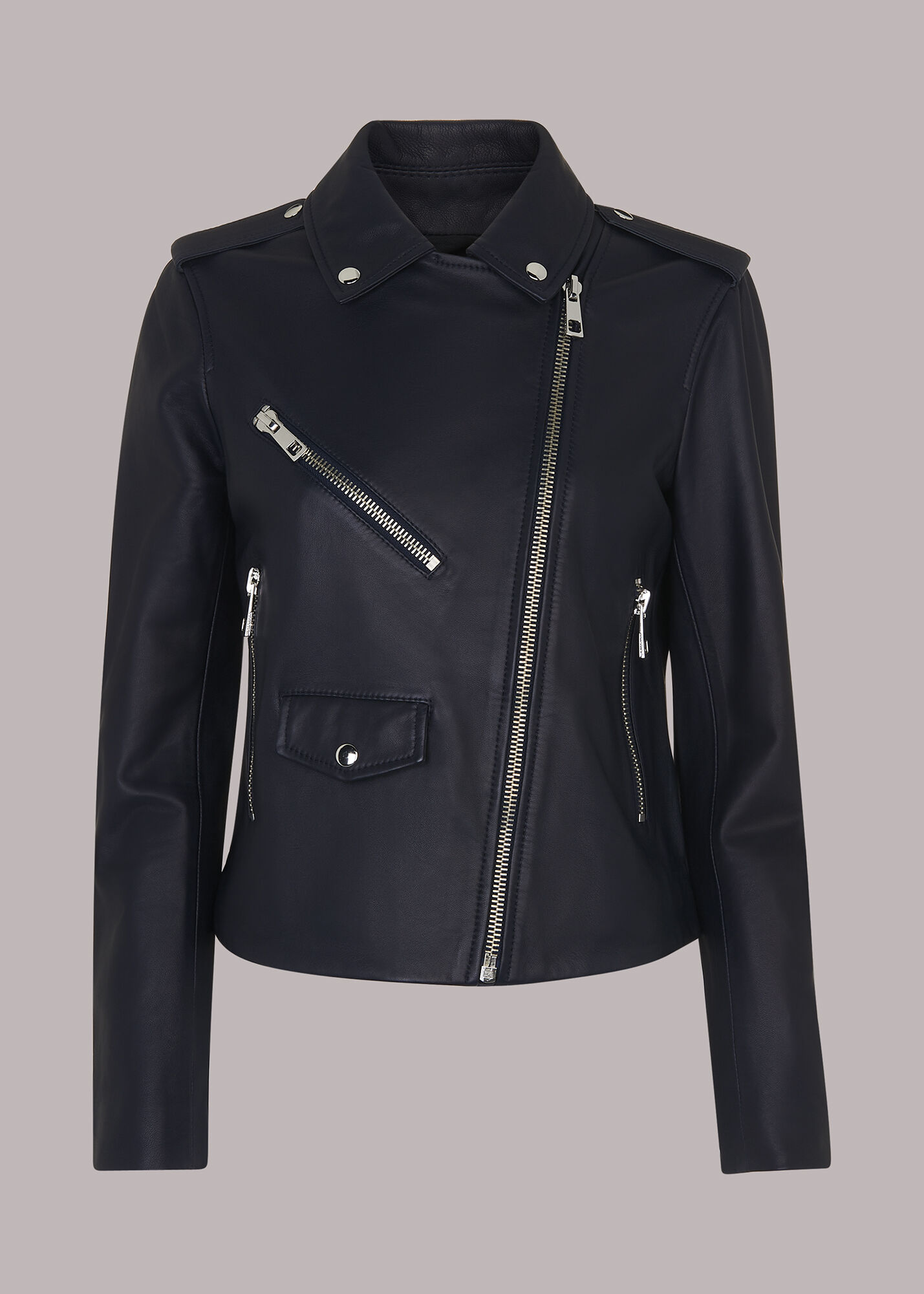 Navy Agnes Pocket Leather Jacket | WHISTLES | Whistles US |