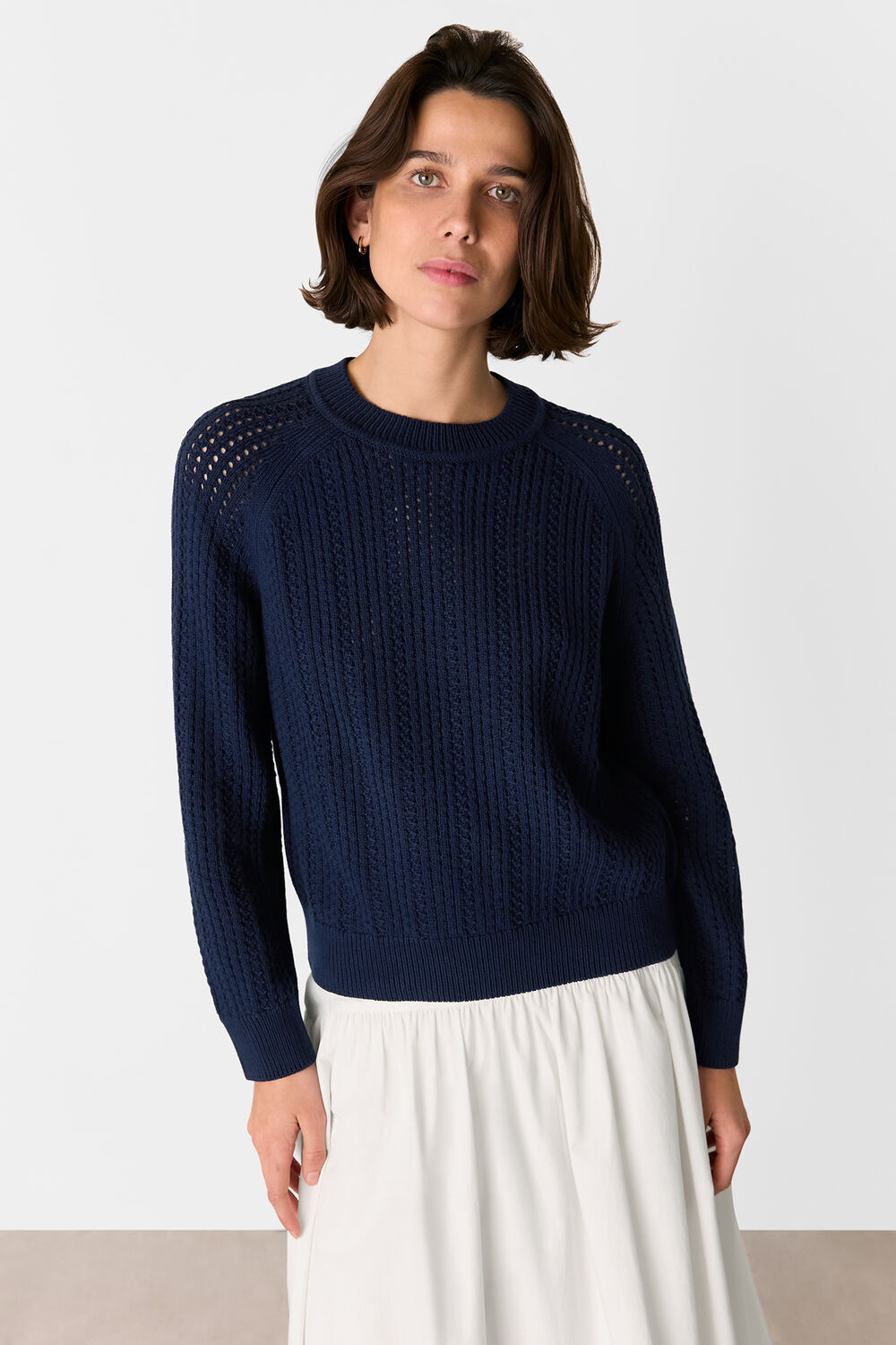 Navy Pointelle Crew Neck Knit