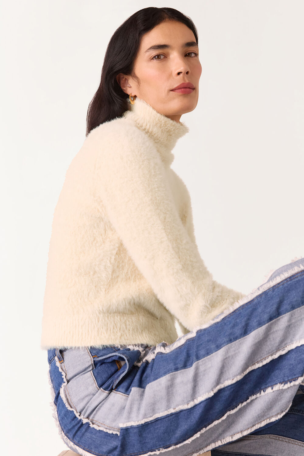 Beige Isla Cropped Fluffy Roll Neck