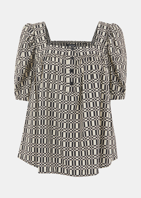 Black Link Check Square Neck Top