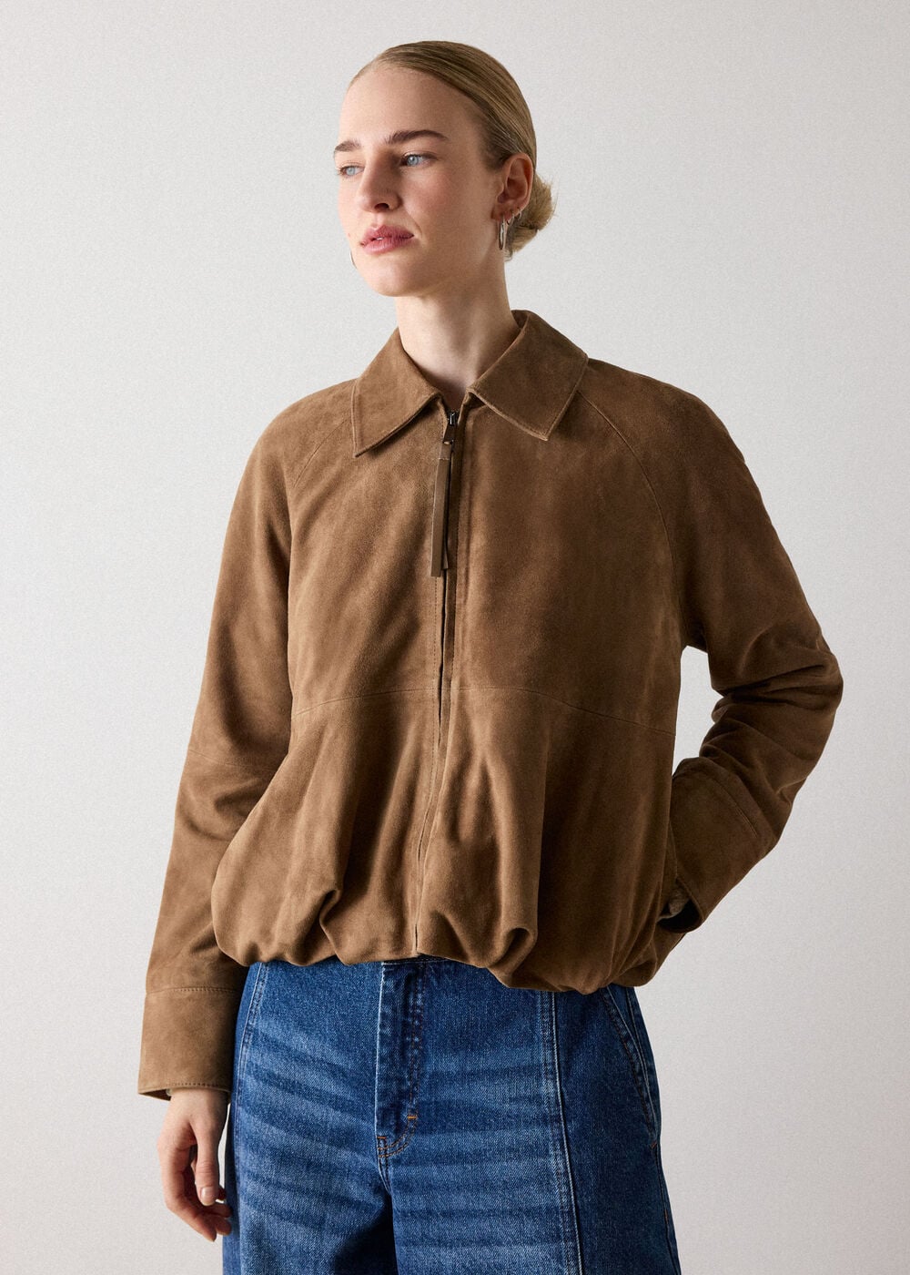 Taupe Gathered Suede Zip Jacket