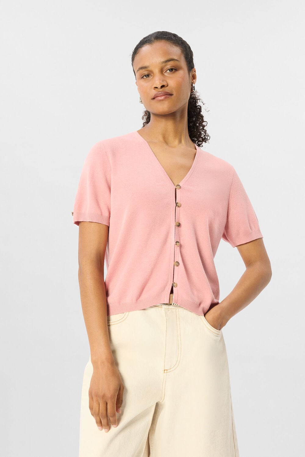 Pink Short Sleeve Button Front Knit