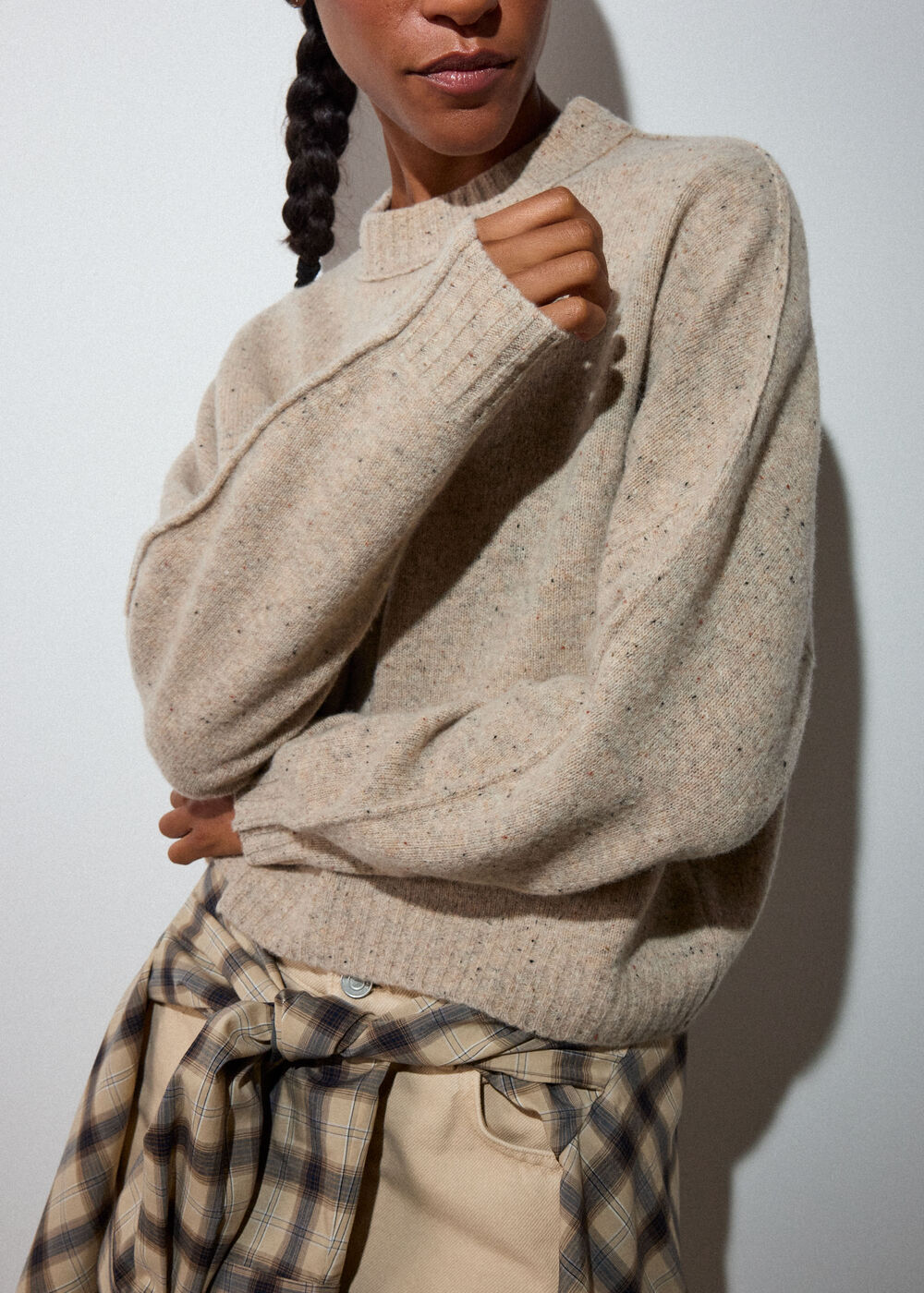 Neutral Wool Curved Hem Knit