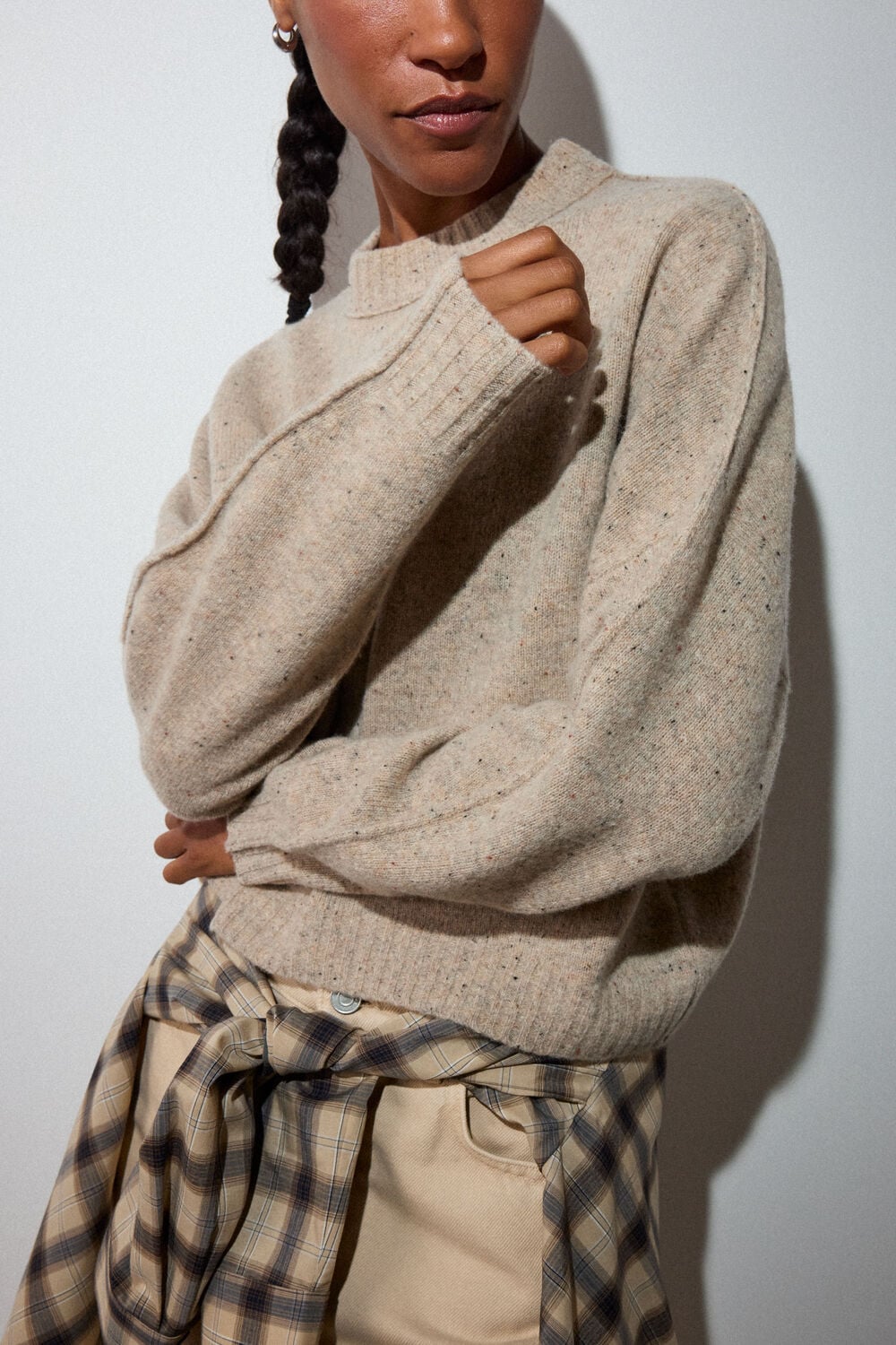 Neutral Wool Curved Hem Knit