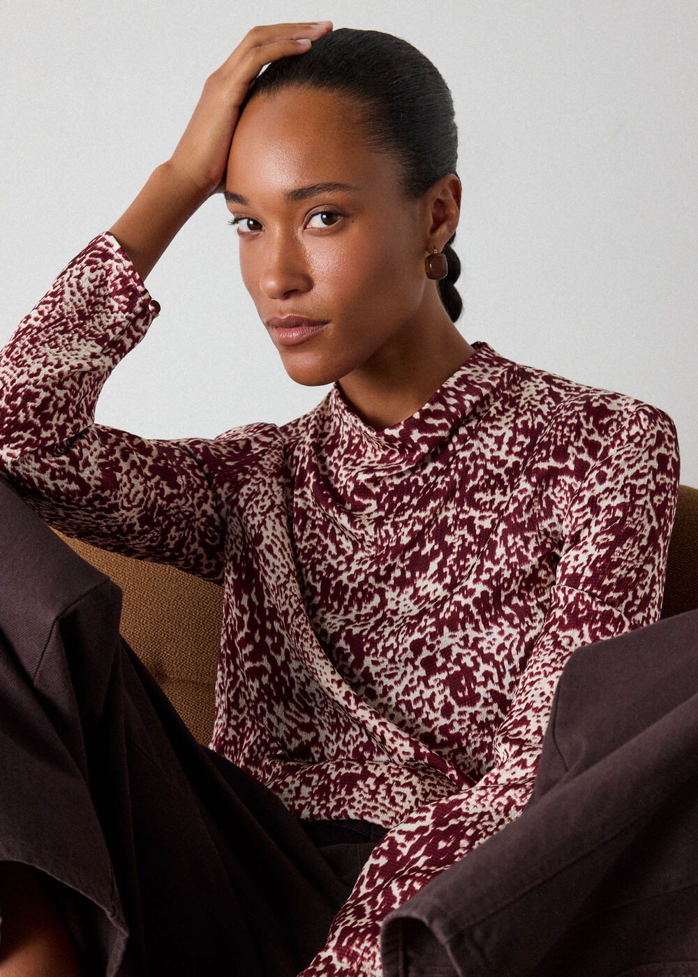 Burgundy Feathered Animal Satin Blouse