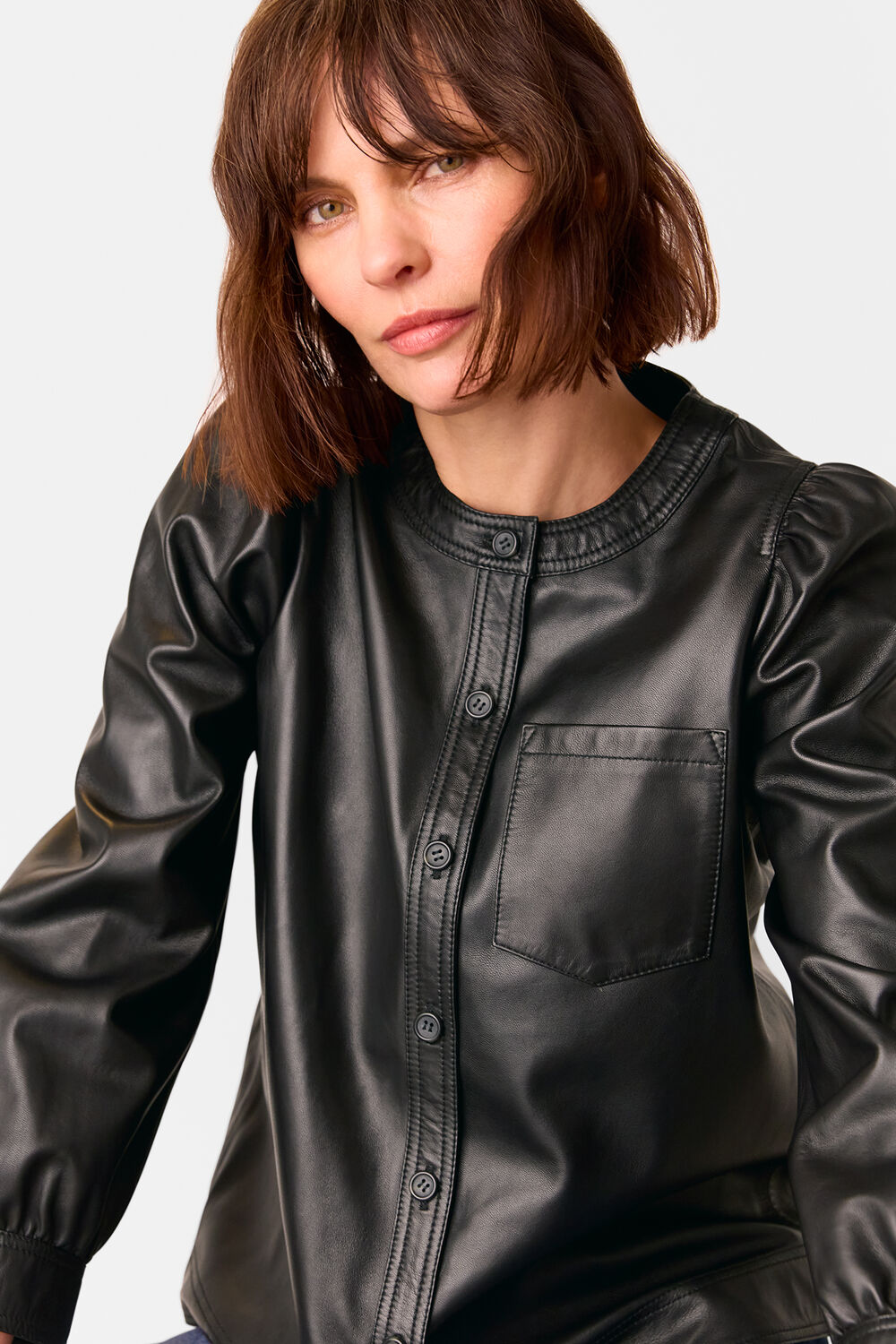 Black Leather Gathered Sleeve Shirt