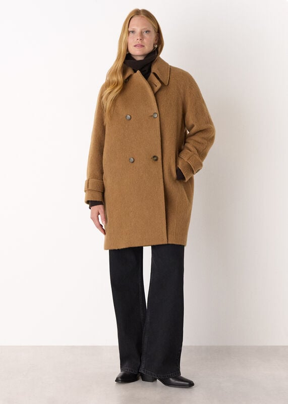 Camel Short Button Detail Wool Coat