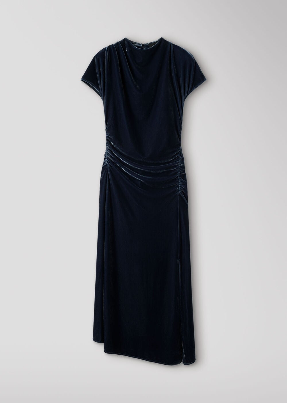 Navy Petite Velvet Ruched Midi Dress