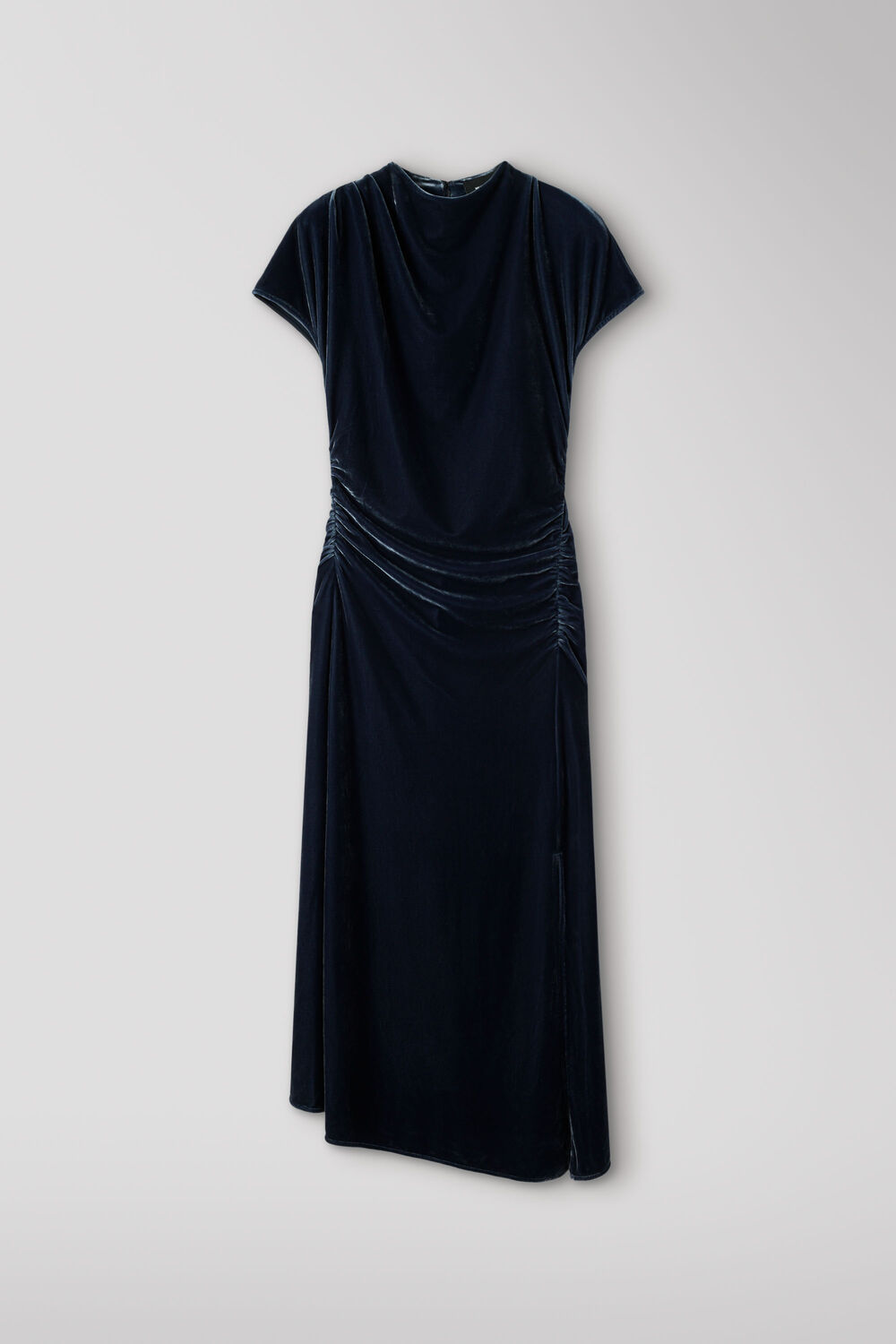 Navy Petite Velvet Ruched Midi Dress