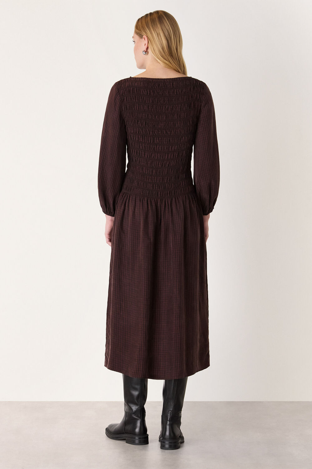 Brown Checked Shirred Dress