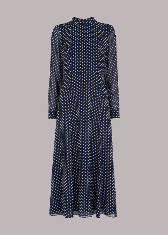 Navy Dobby High Neck Dress