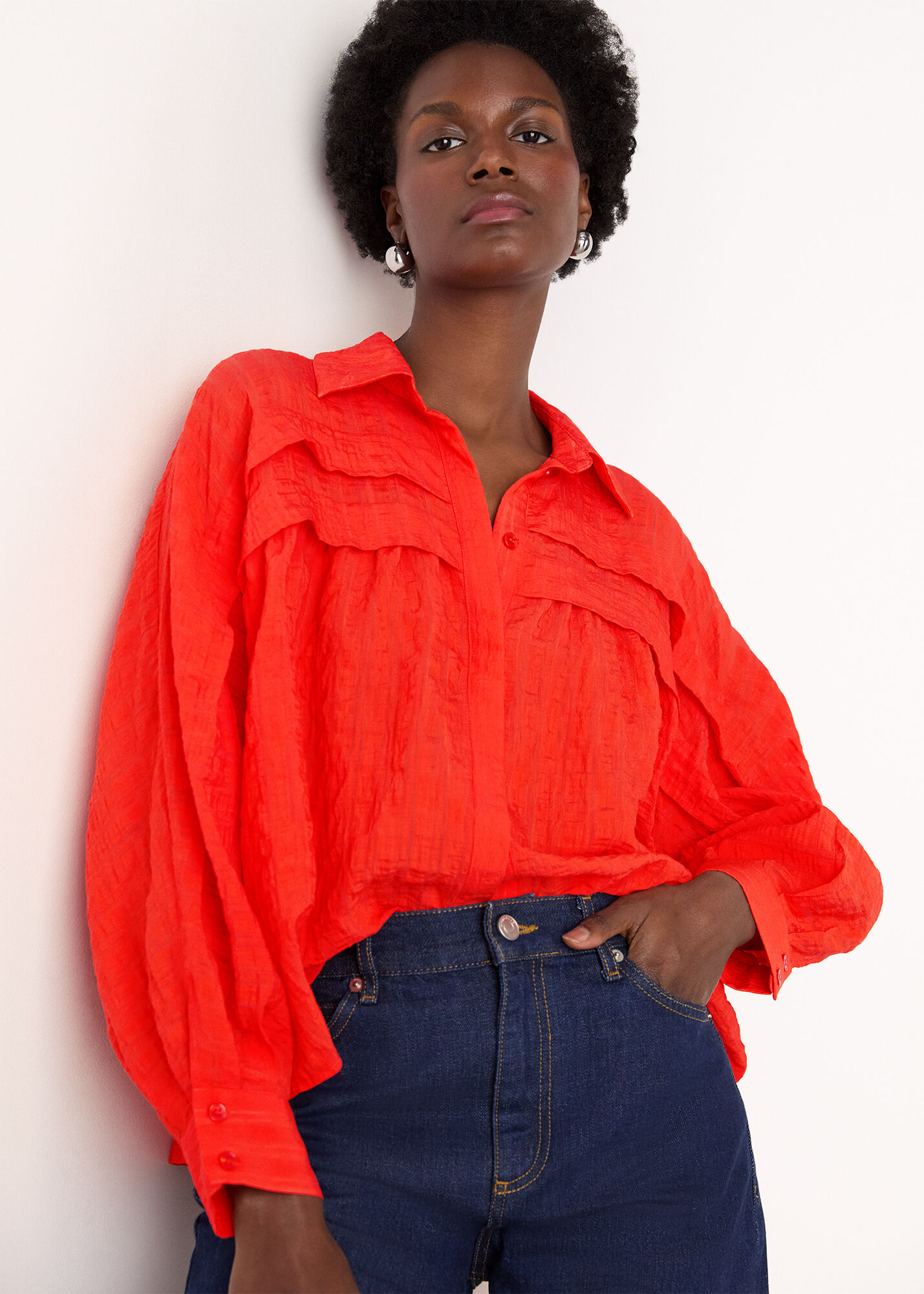 Red Textured Frill Detail Blouse | WHISTLES | Whistles US |