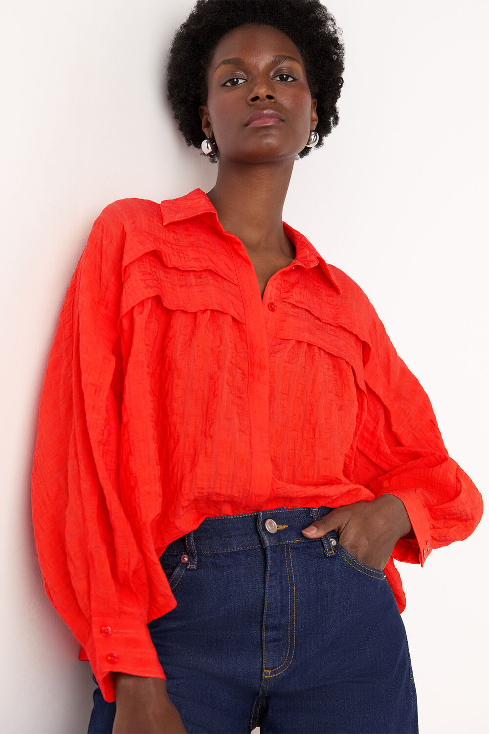Red Textured Frill Detail Blouse