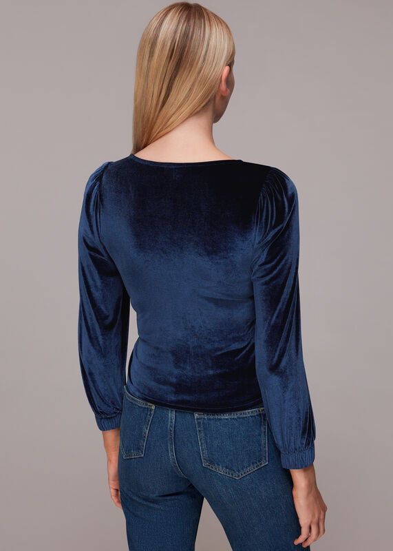 Navy Velvet V Neck Wrap Top