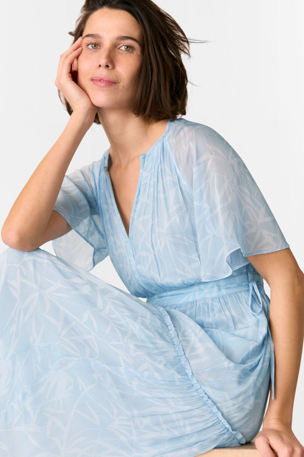 Blue Bamboo Leaves Gathered Dress