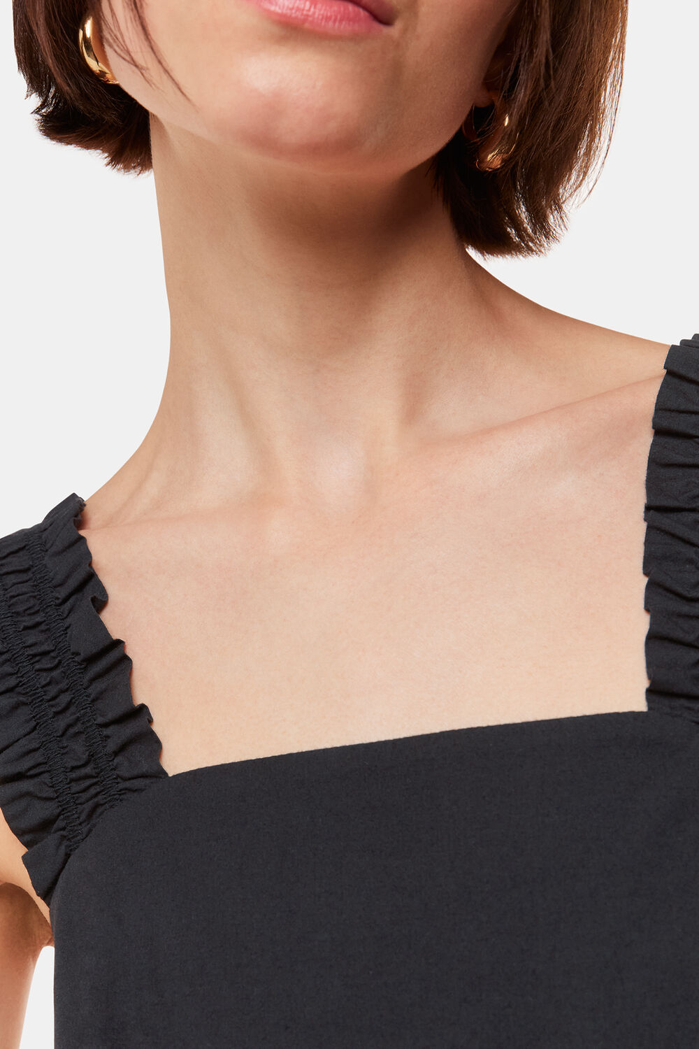 Black Ruffle Strap Poplin Midi Dress