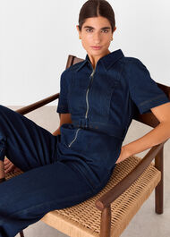 Denim Pintuck Belted Jumpsuit