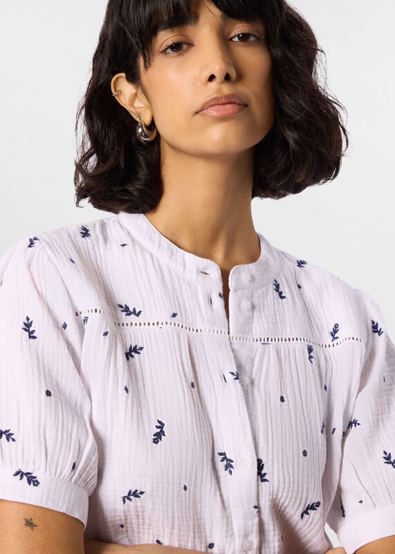 Ivory Embroidered Cotton Frill Top