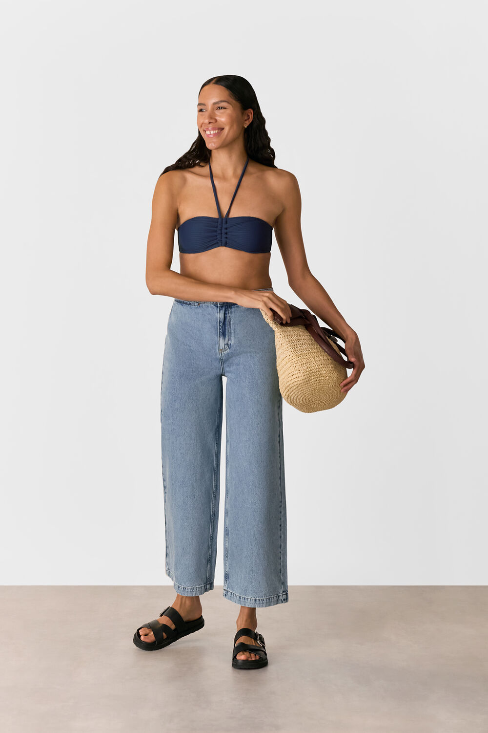 Navy Mixed Rib Halter Bikini Top