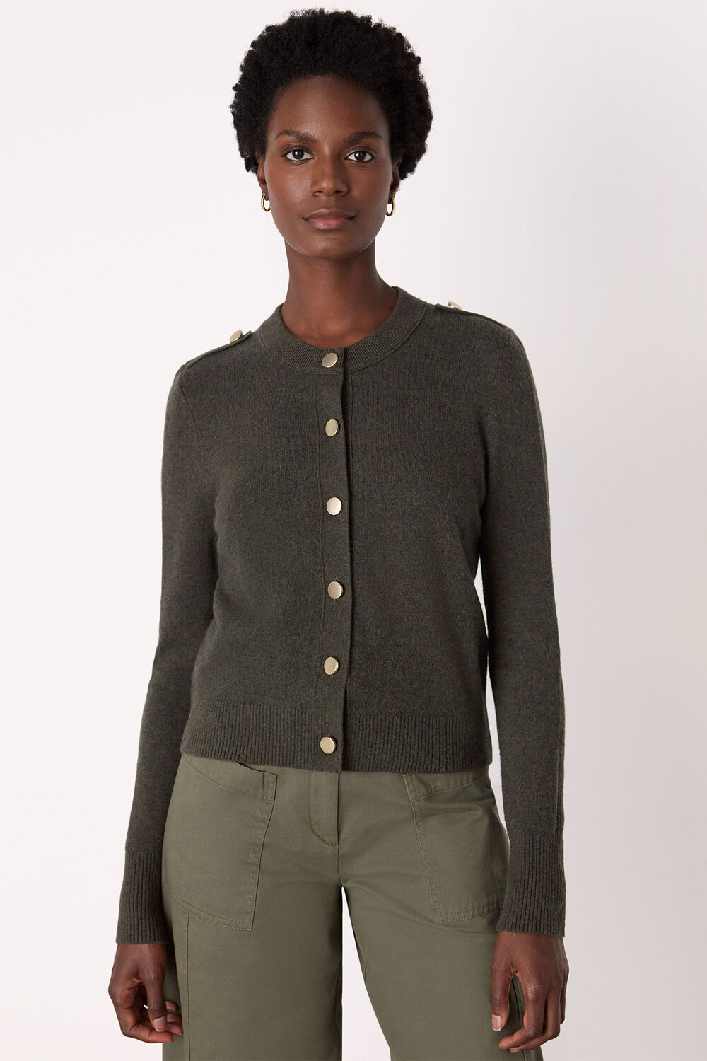Khaki Military Crew Neck Cardigan
