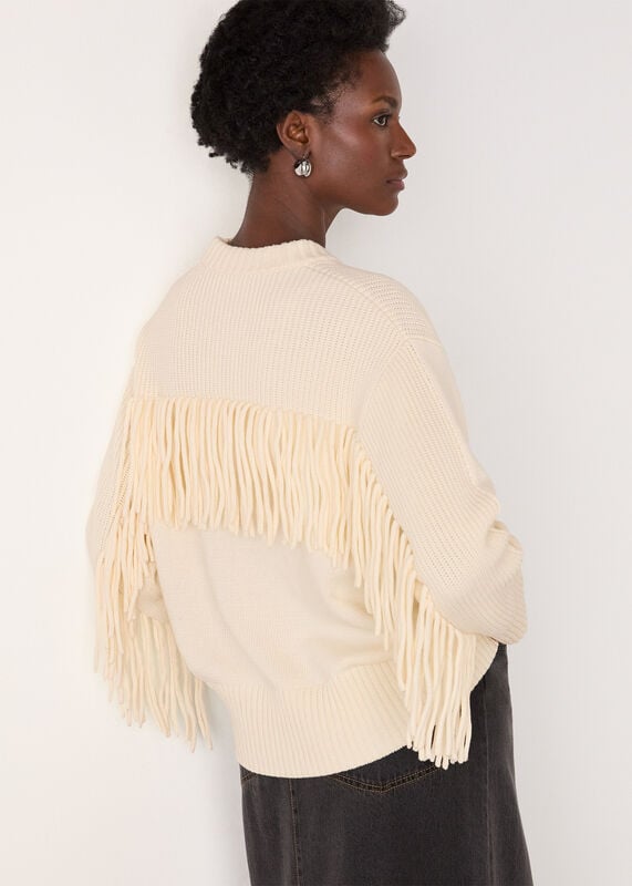 Ivory Fringe Rib Detail Cotton Knit