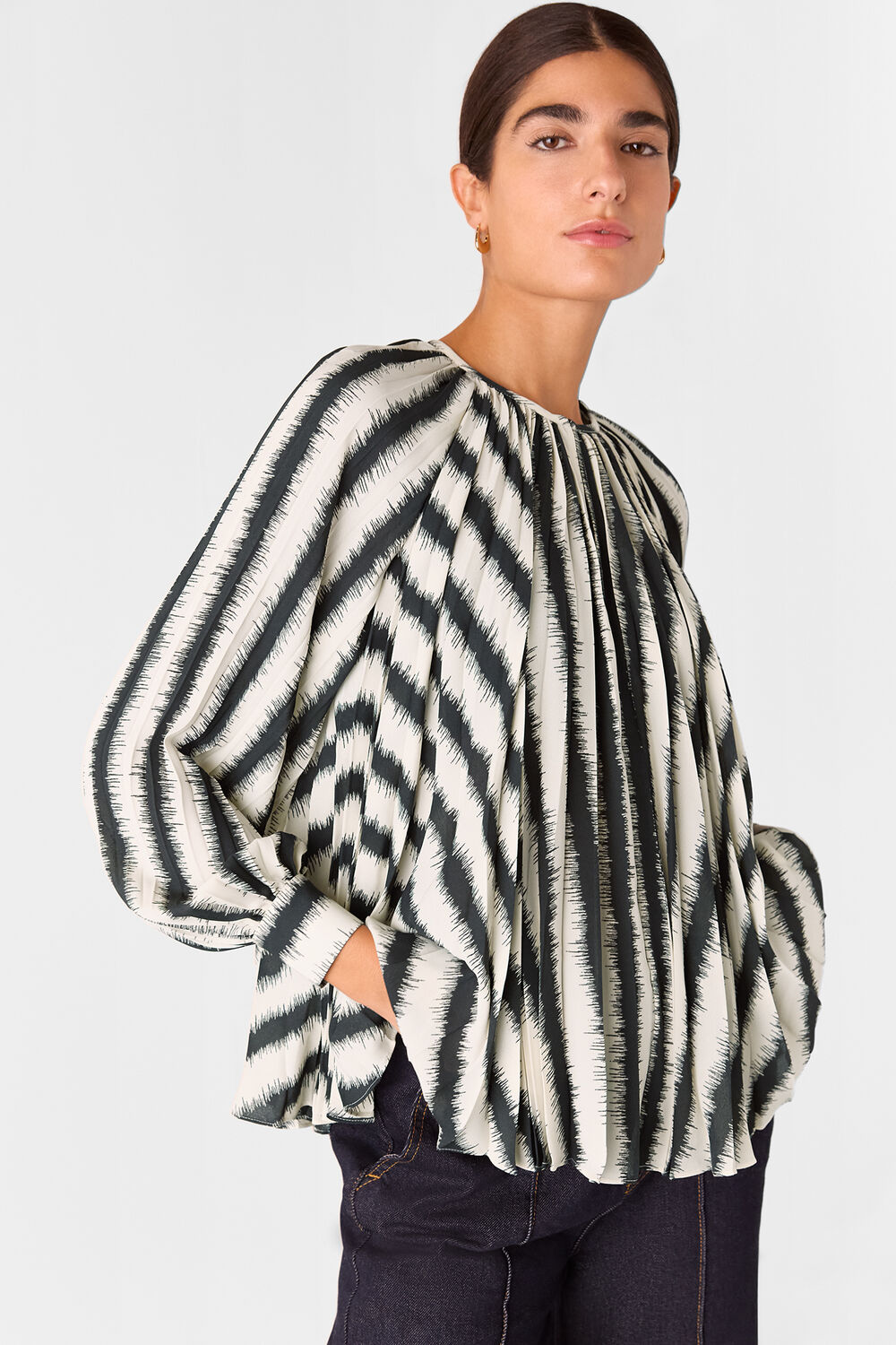 Ivory Hazy Stripe Pleated Blouse