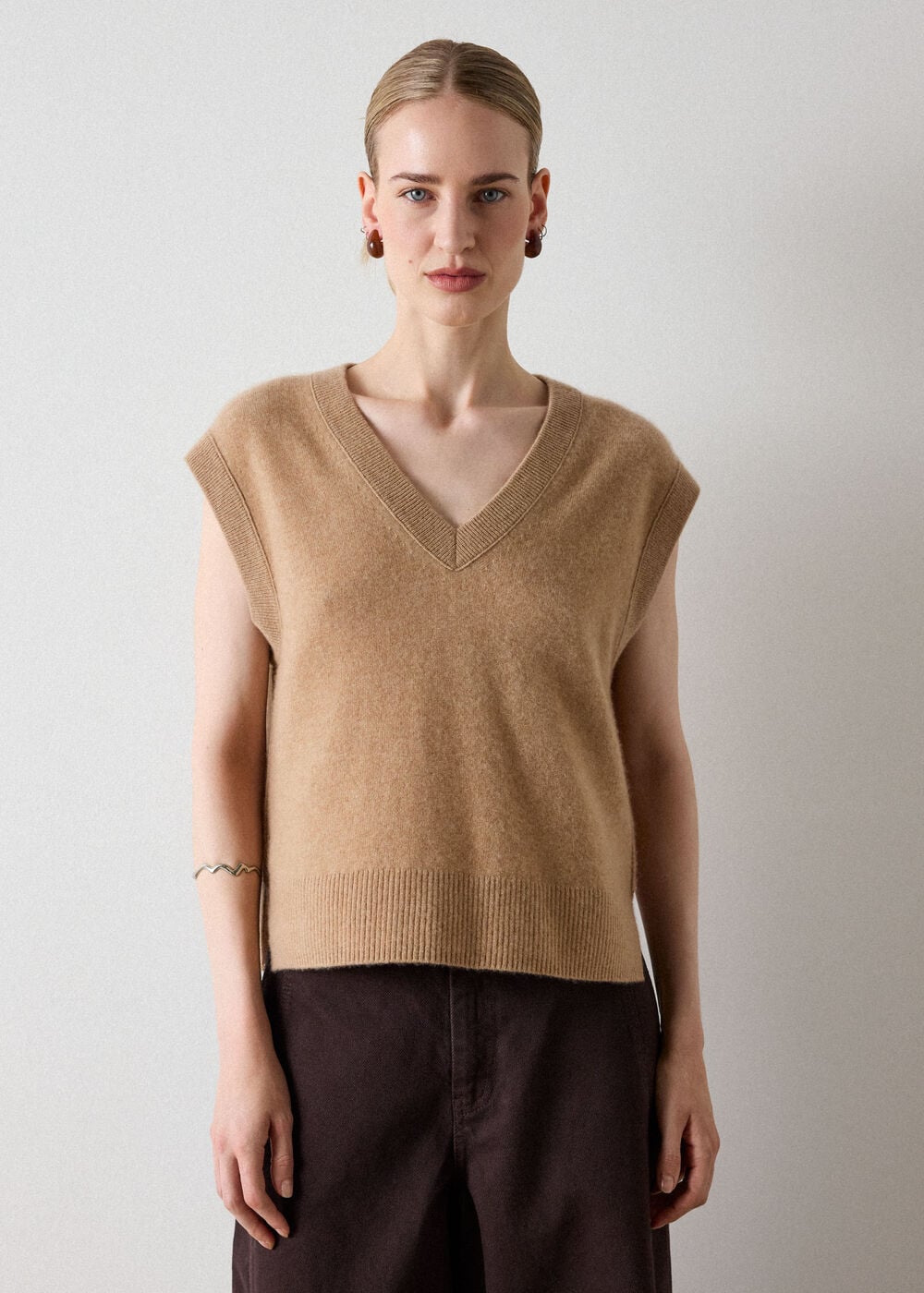 Camel Cashmere V Neck Tank