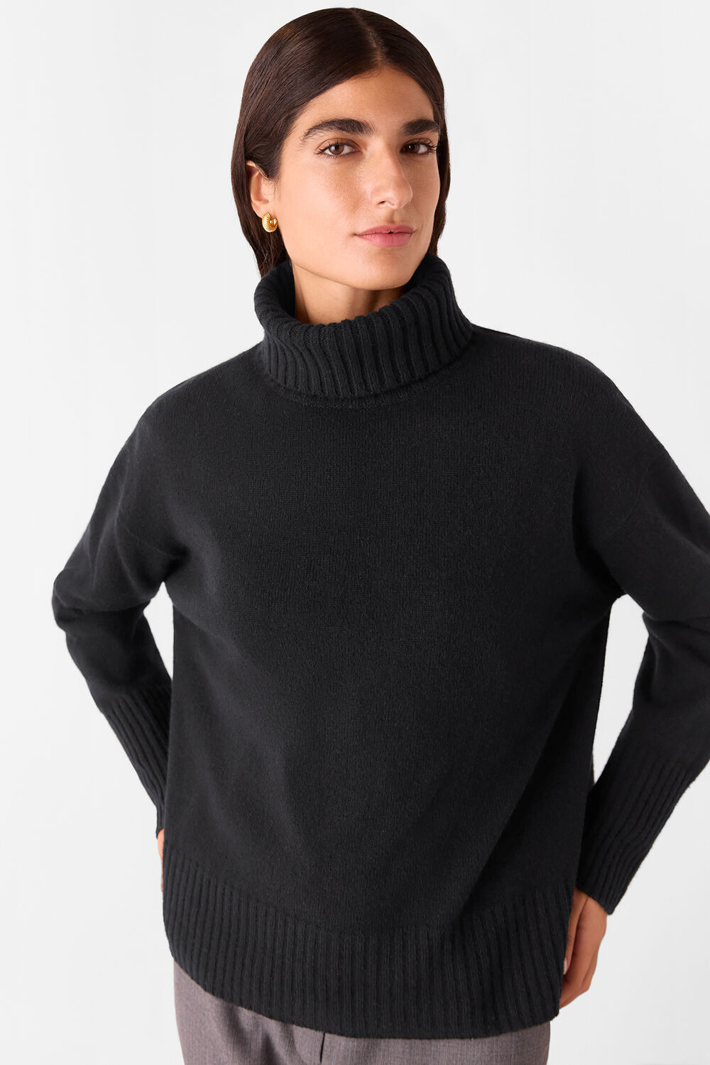 Black Wool Split Back Turtleneck Sweater