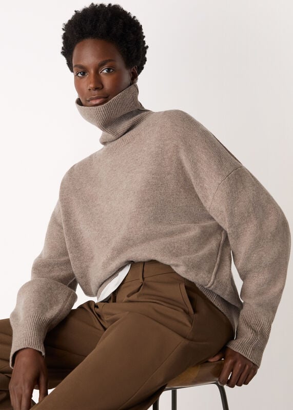 Oatmeal Wool Roll Curved Hem Knit