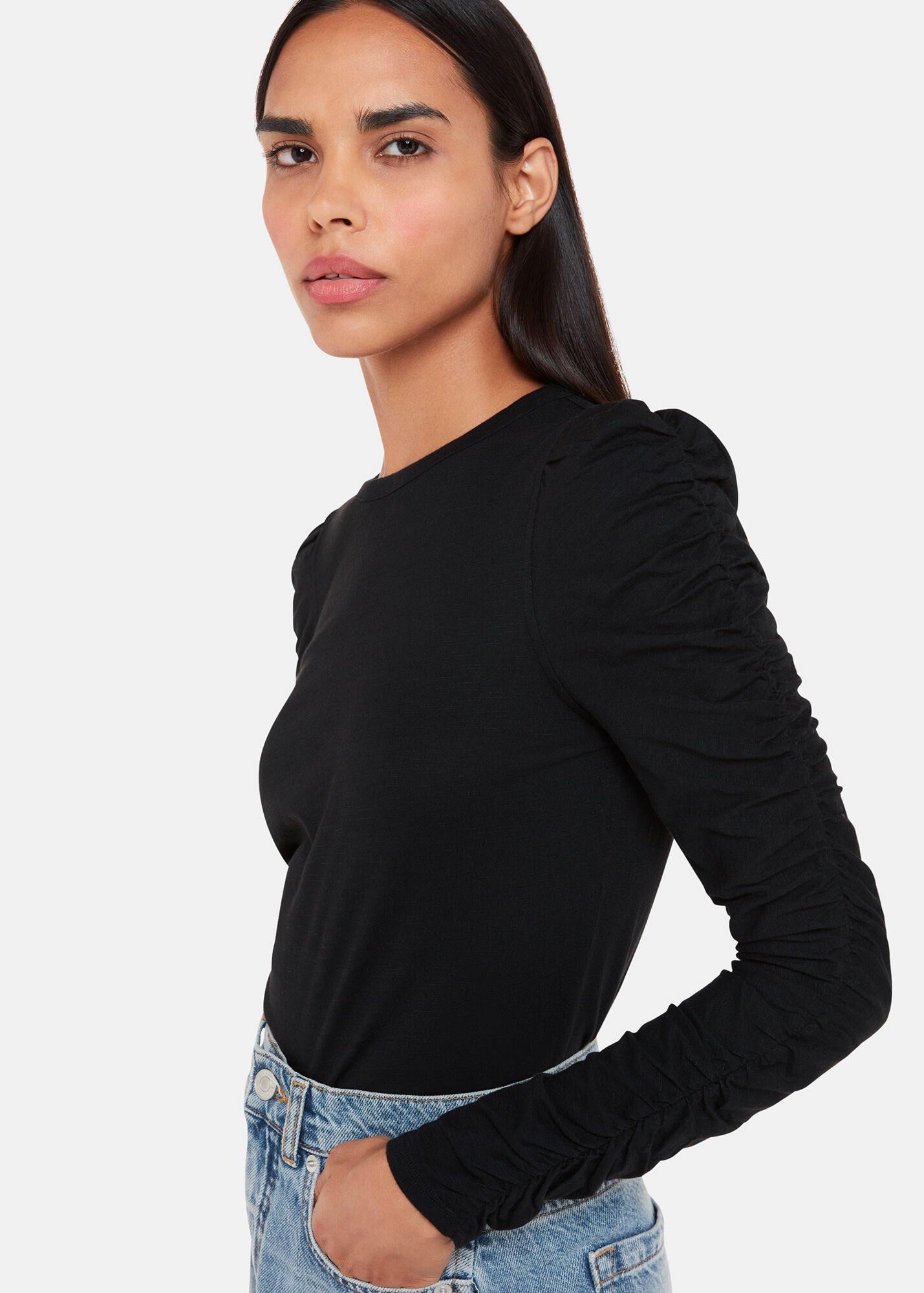 Black Ruched Sleeve Top | WHISTLES | Whistles US |
