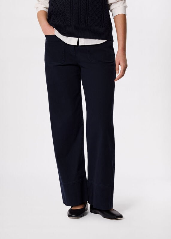 Navy Wide Leg Casual Cotton Trouser