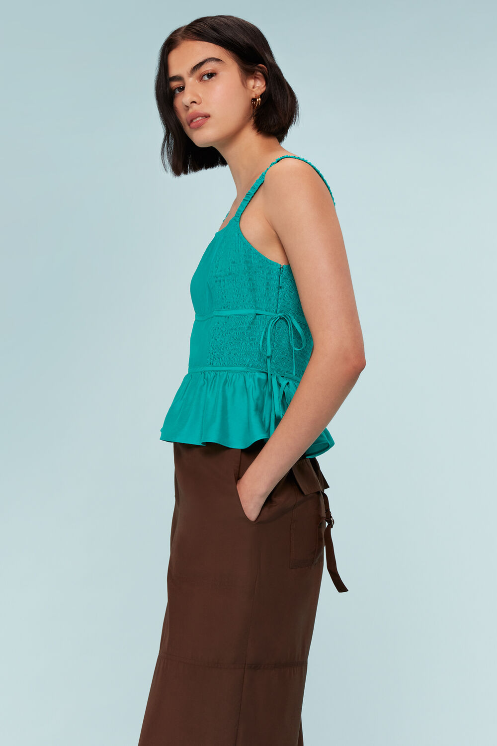 Turquoise Tie Side Shirred Top