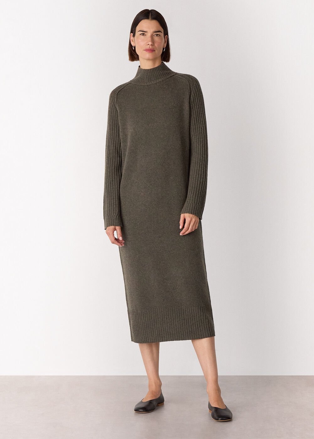 Funnel Neck Wool Midi Dress
