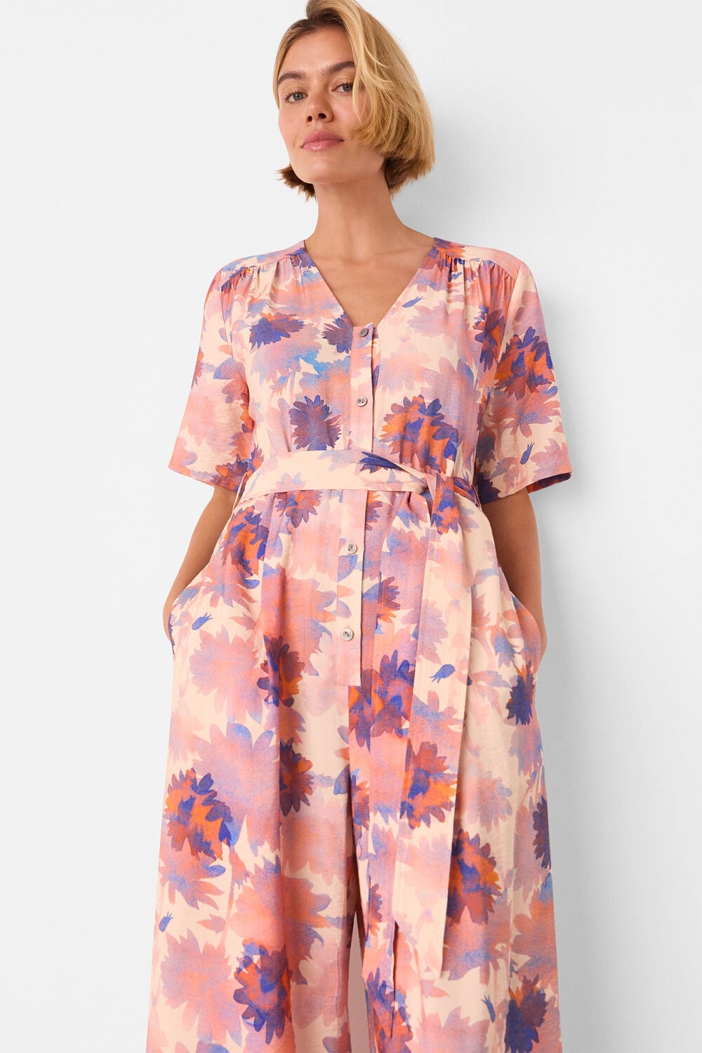 Pink Floral Button Front Jumpsuit