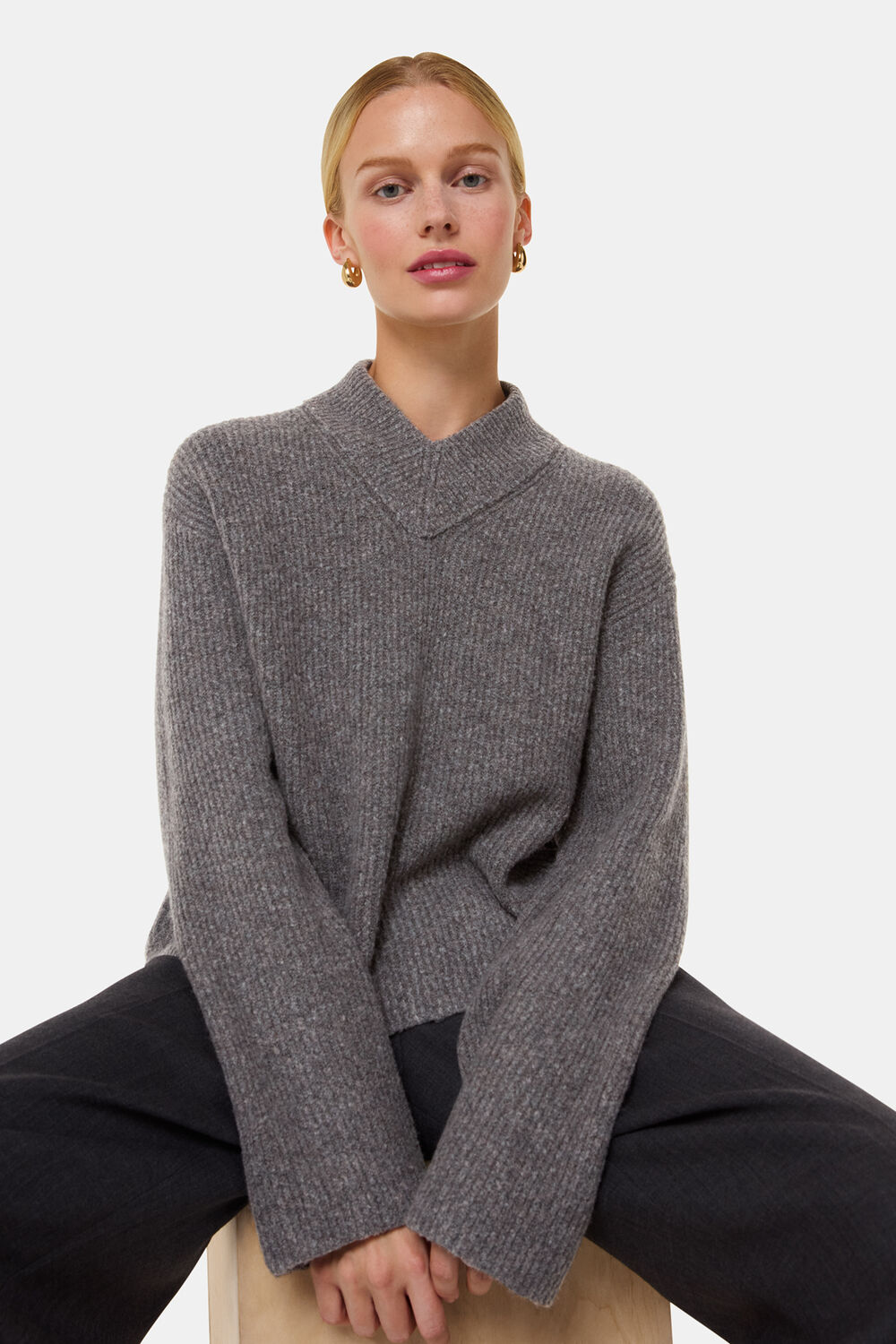 Grey V Neck Wool Mix Knit