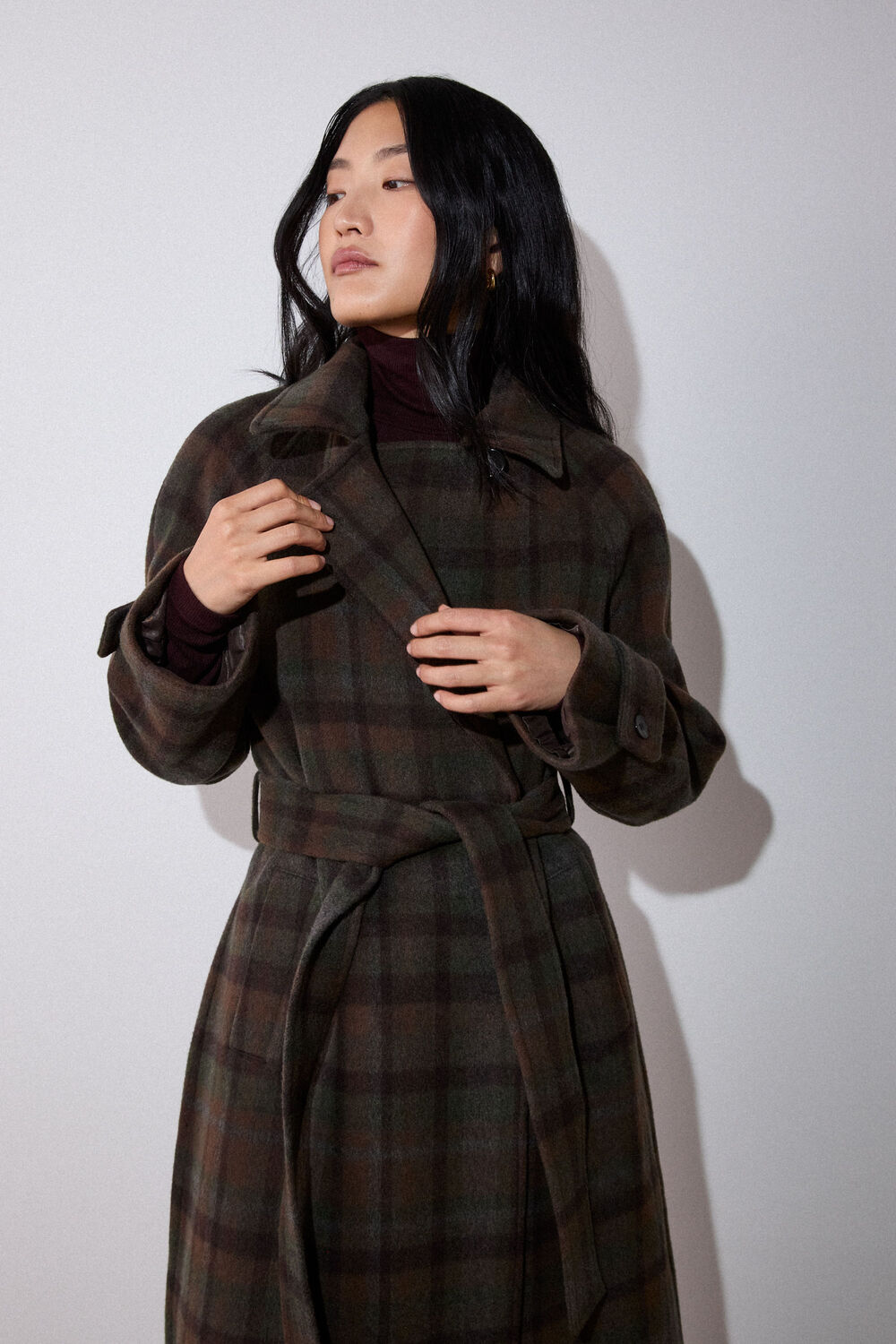 Khaki Funnel Neck Check Coat