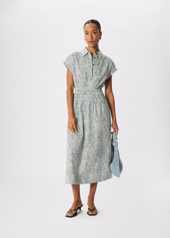 Navy Petite Flecked Animal Collared Dress