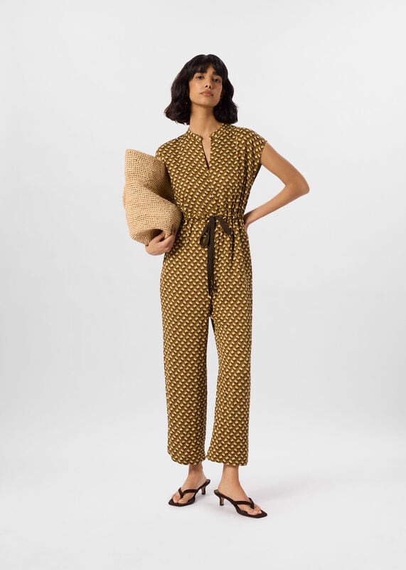 Khaki Ikat Spot Sleeveless Jumpsuit