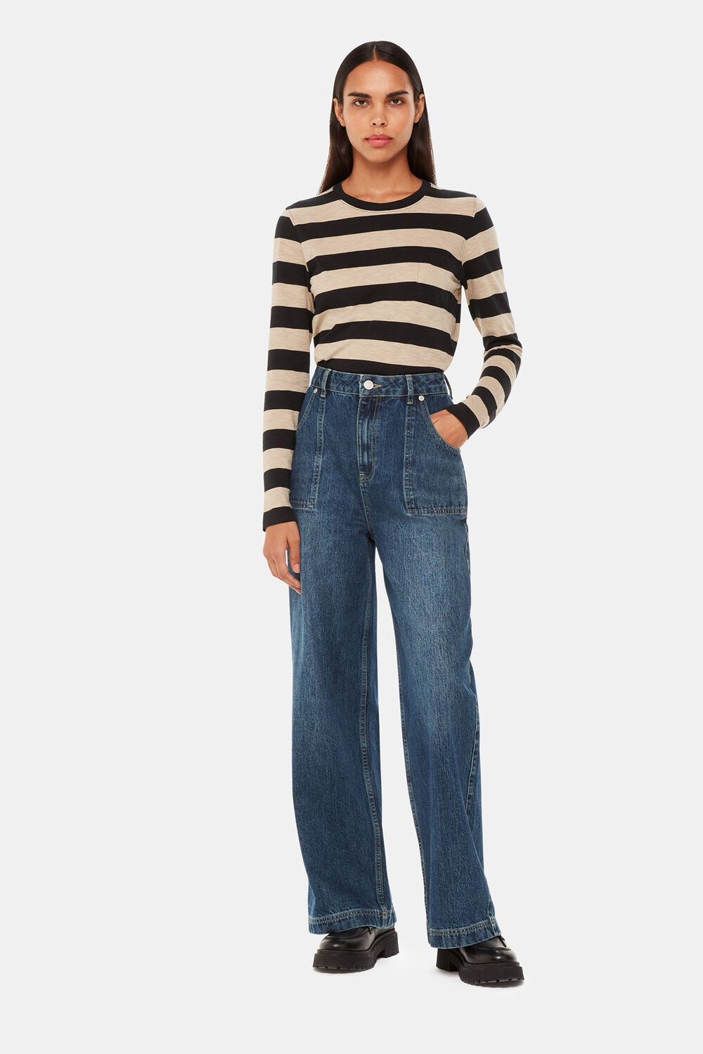 Crew Neck Stripe Pocket Top