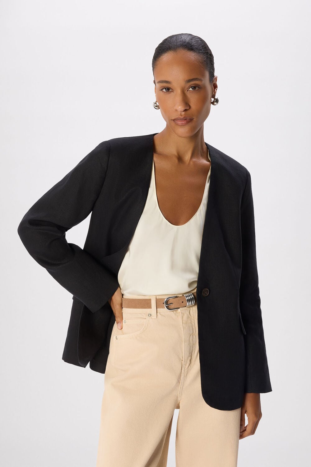 Collarless Linen Blazer