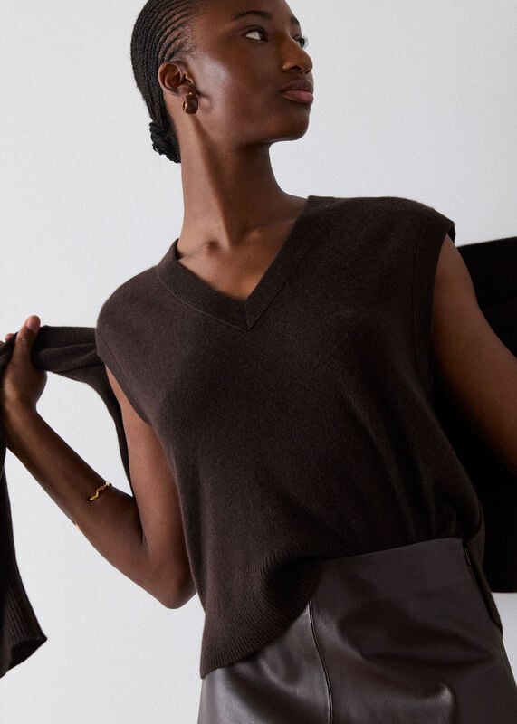 Brown Cashmere V Neck Tank