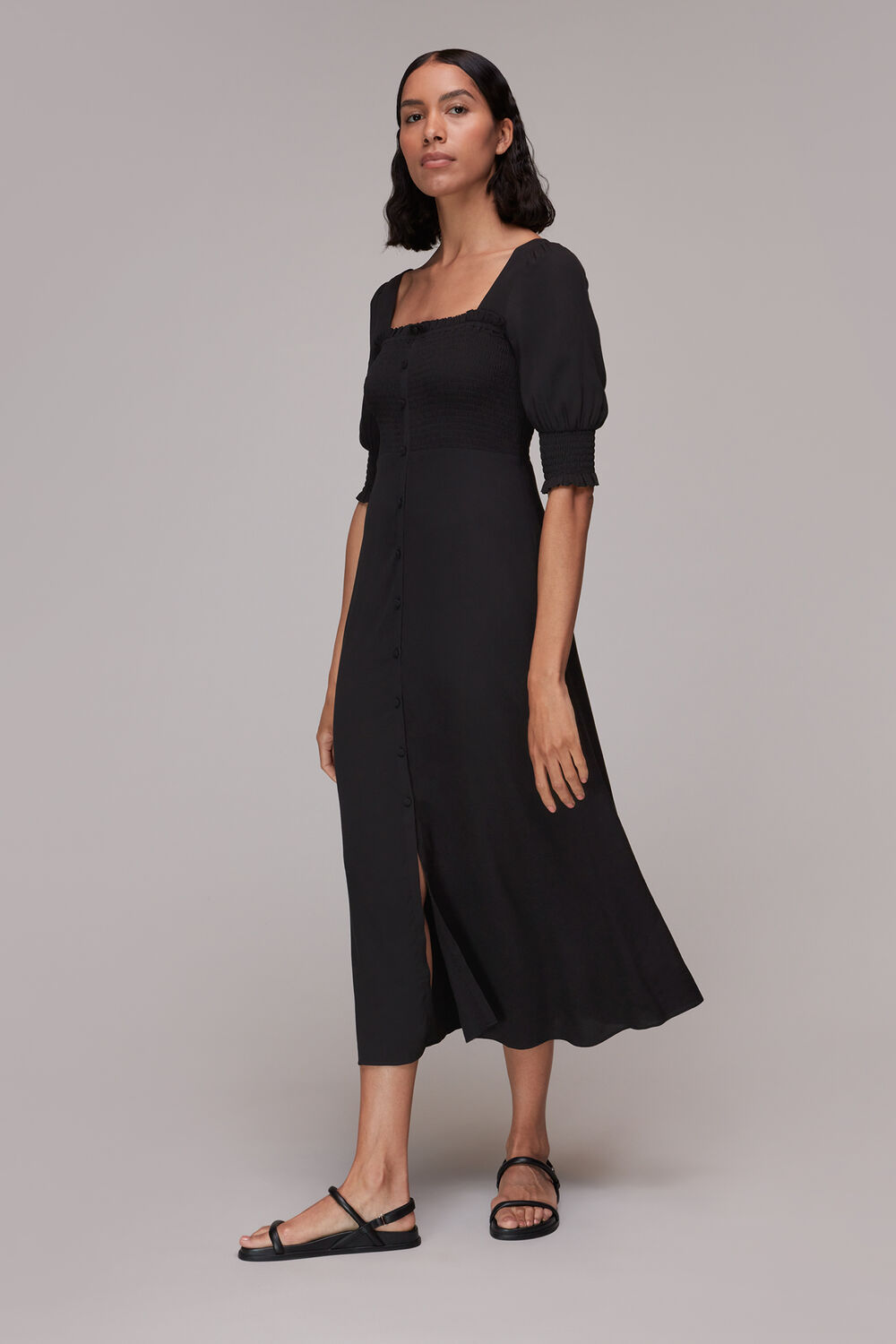 Black Luna Shirred Bodice Midi Dress