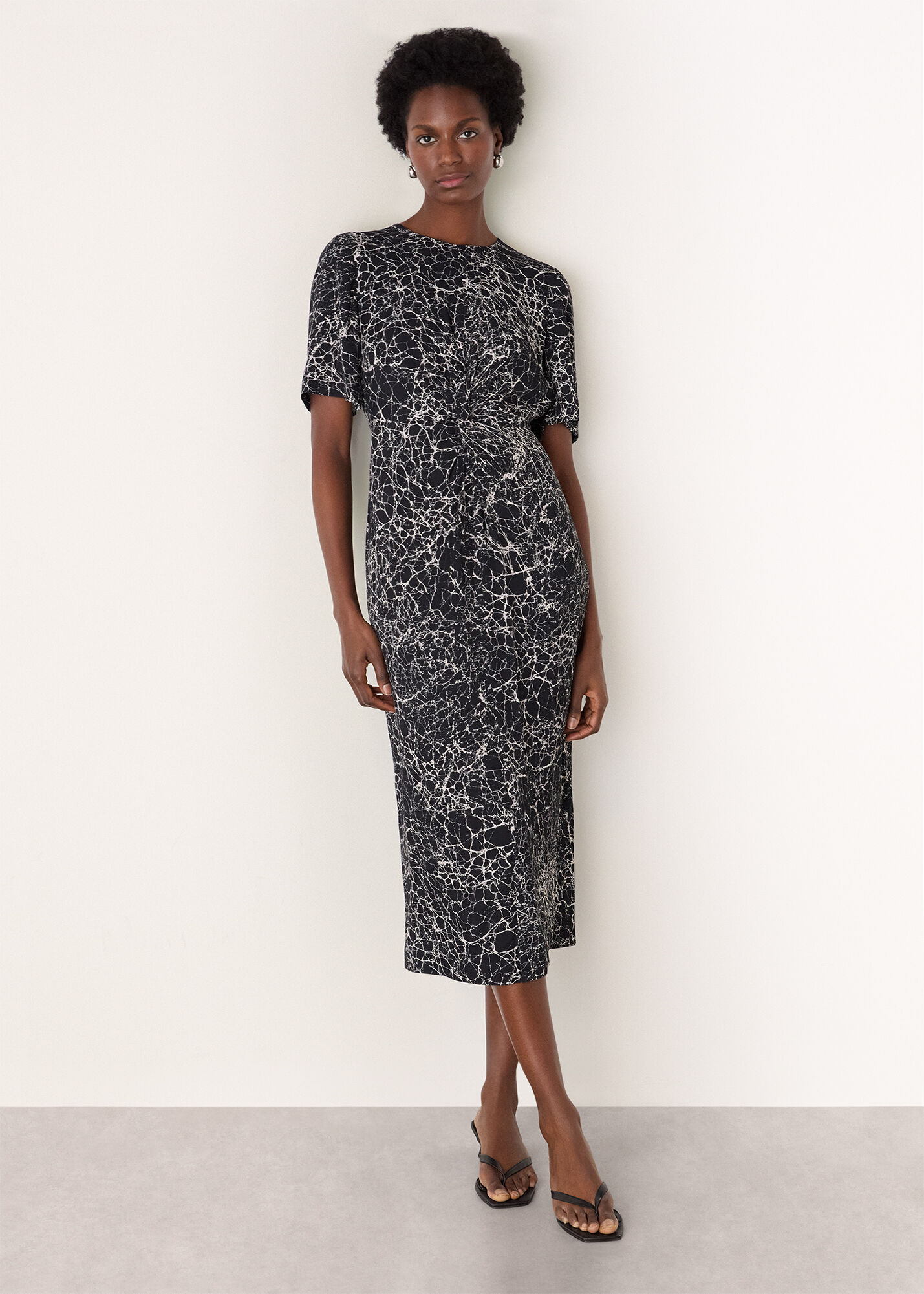 Navy/Multi Crackle Print Twist Midi Dress | WHISTLES | Whistles US |