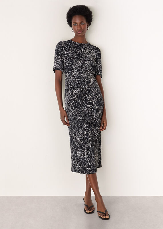 Navy Crackle Print Twist Midi Dress