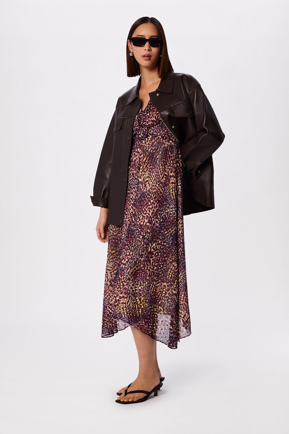 Purple Orchid Print V Neck Midi Dress