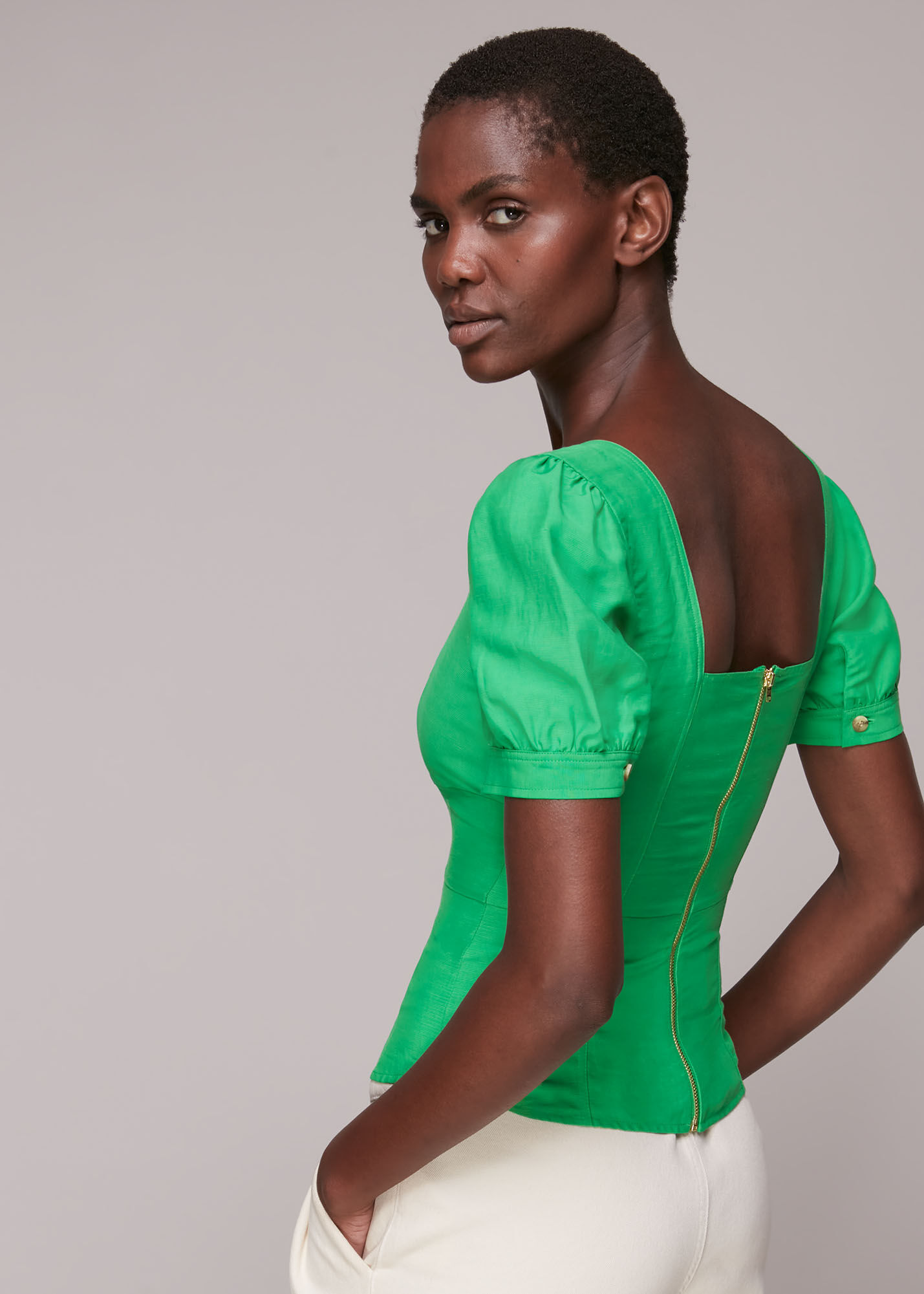 Green Puff Sleeve Zip Back Top | WHISTLES | Whistles US |