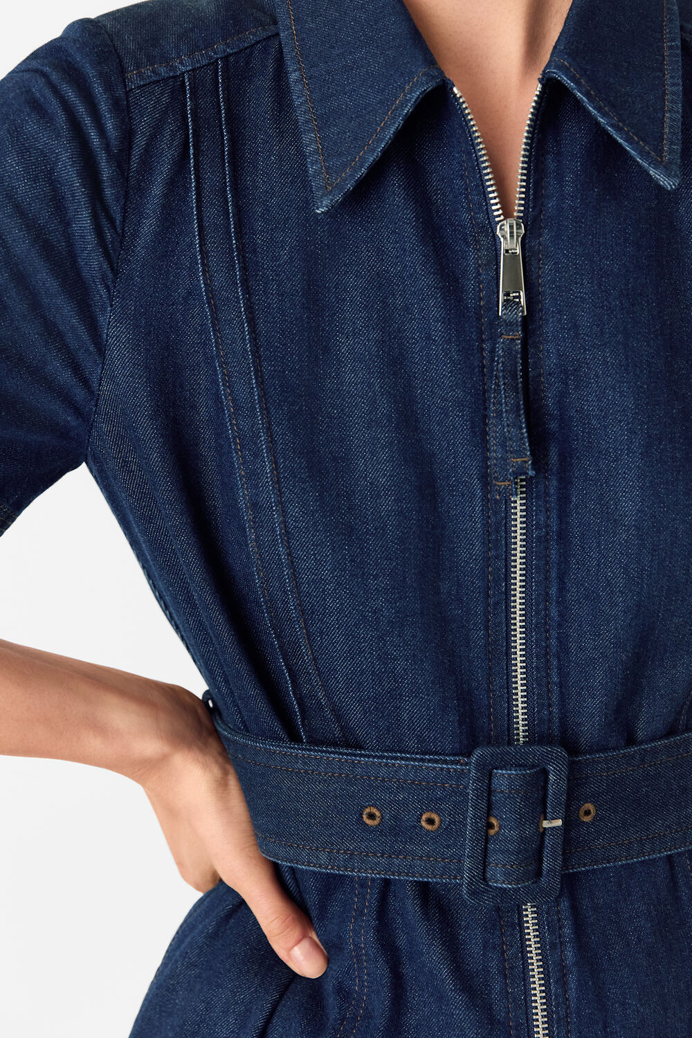 Denim Pintuck Belted Jumpsuit