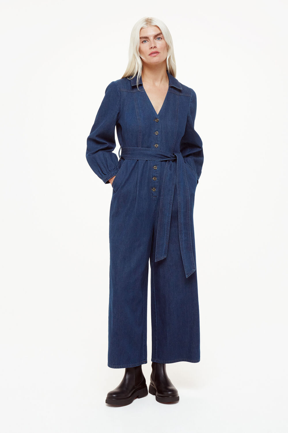 Petite Joni Denim Belted Jumpsuit